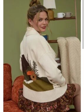 Blu Pepper Cream Scenic-Back Knit Cardigan with Olive & Brown Detail